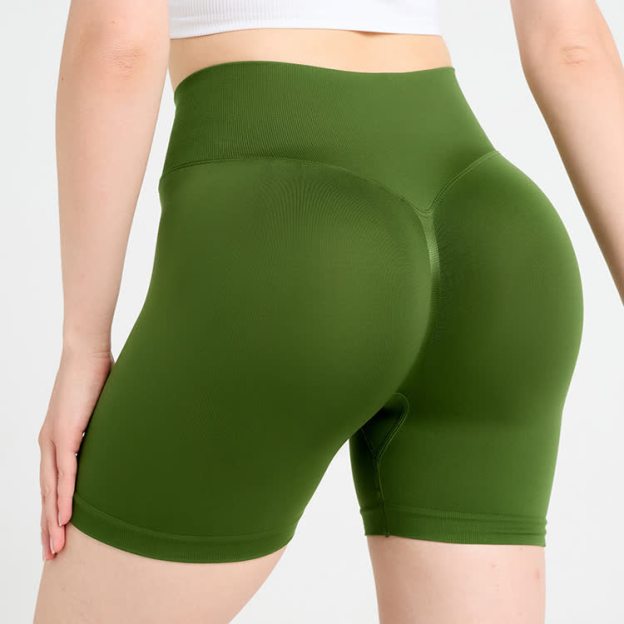 Summer High-Waisted Stretch Yoga Shorts - Olive Green - L - image 6