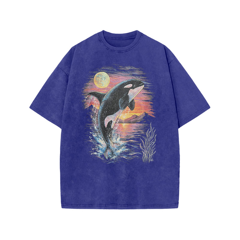 Orca Leaping Out Of The Water Print Acid Washed T-shirt - Blue - US20-22(3XL) - image 7