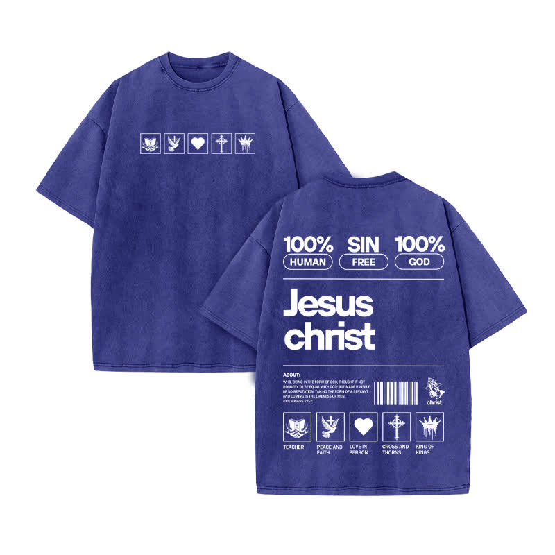 Unisex 100% Cotton Jesus Christ Print Acid Washed T-shirt - Blue - US20-22(3XL) - image 10