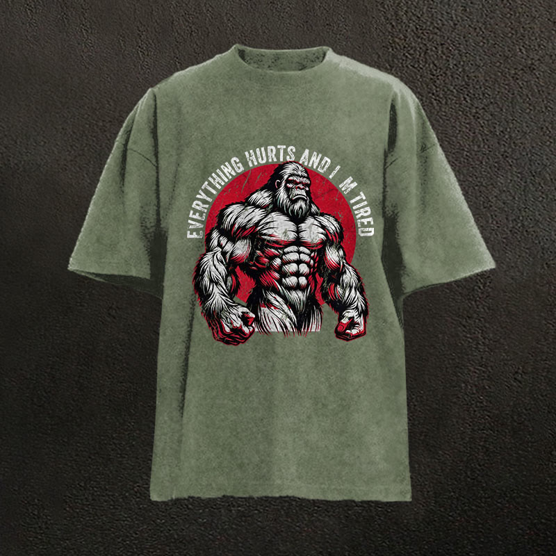 100% Cotton Everything Hurts And I'm Tired Gym Print Acid Washed T-shirt - Army Green - US20-22(3XL) - image 4