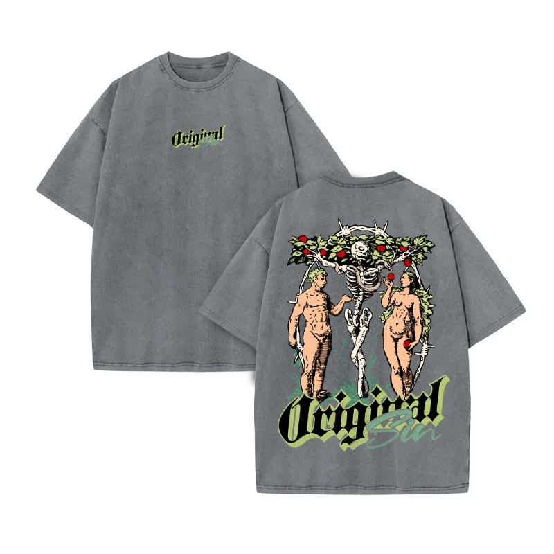 Unisex 100% Cotton Original Sin Print Acid Washed T-shirt - Grey - US20-22(3XL) - image 5