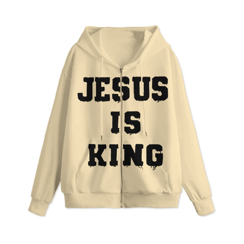 Unisex Jesus Is King Print Zip Up Hoodie - Apricot - US16-18(2XL) - image 3