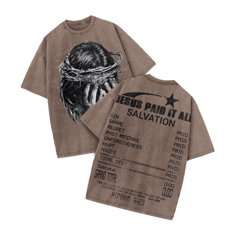 Jesus Paid It All Star Print Acid Washed T-shirt - Coffee - US20-22(3XL) - image 8