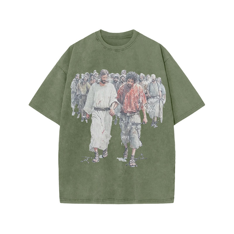 Unisex 100% Cotton Bear The Yoke Together, Suffer Together Print Acid Washed T-shirt - Army Green - US20-22(3XL) - image 5
