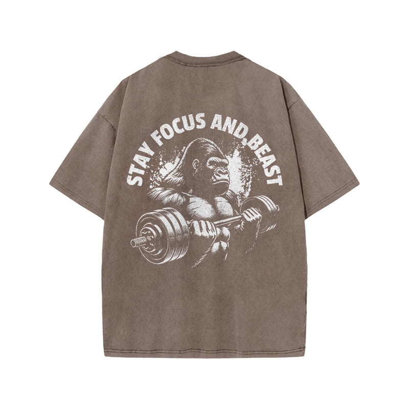 100% Cotton Stay Focus And Beast Gym Print Acid Washed T-shirt - Coffee - US20-22(3XL) - image 6