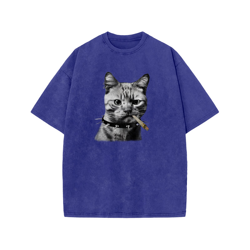 Unisex 100% Cotton Provoking The Cat Print Acid Washed T-shirt - Blue - US20-22(3XL) - image 8