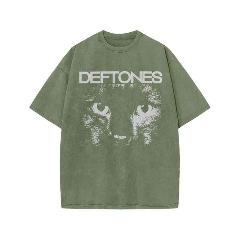 Unisex 100% Cotton Deftones Cat Print Acid Washed T-shirt - Army Green - US20-22(3XL) - image 9
