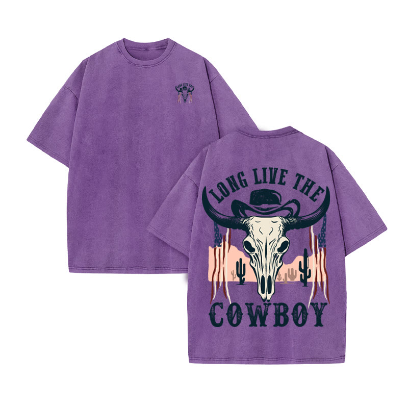Unisex 100% Cotton COWBOY Western Style Print Acid Washed T-shirt