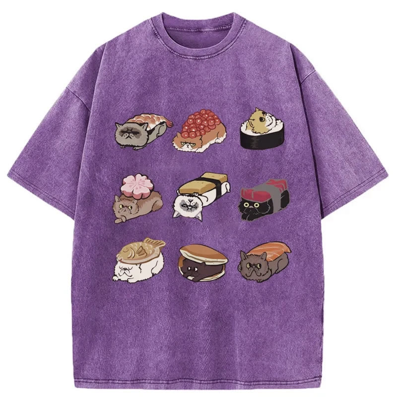Unisex 100% Cotton Cute Cat Sushi Print Acid Washed T-shirt