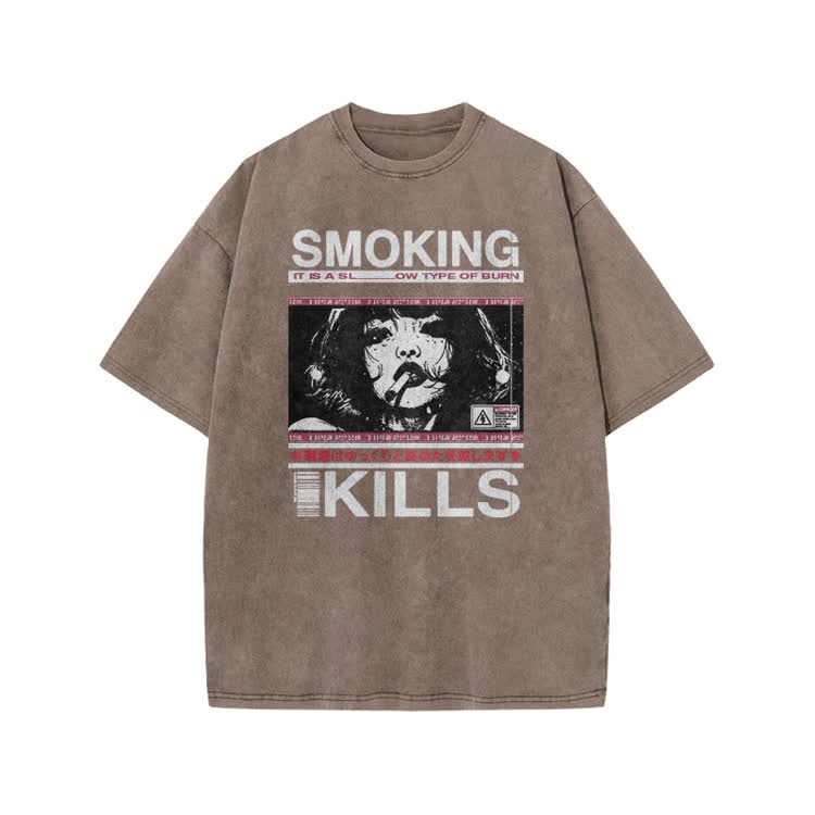 Smoking Kills Retro Manga Style Graphic Print Acid Washed T-Shirt - Coffee - US20-22(3XL) - image 9