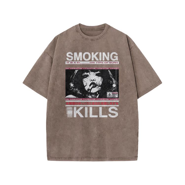 Smoking Kills Retro Manga Style Graphic Print Acid Washed T-Shirt - Coffee - US20-22(3XL) - image 9