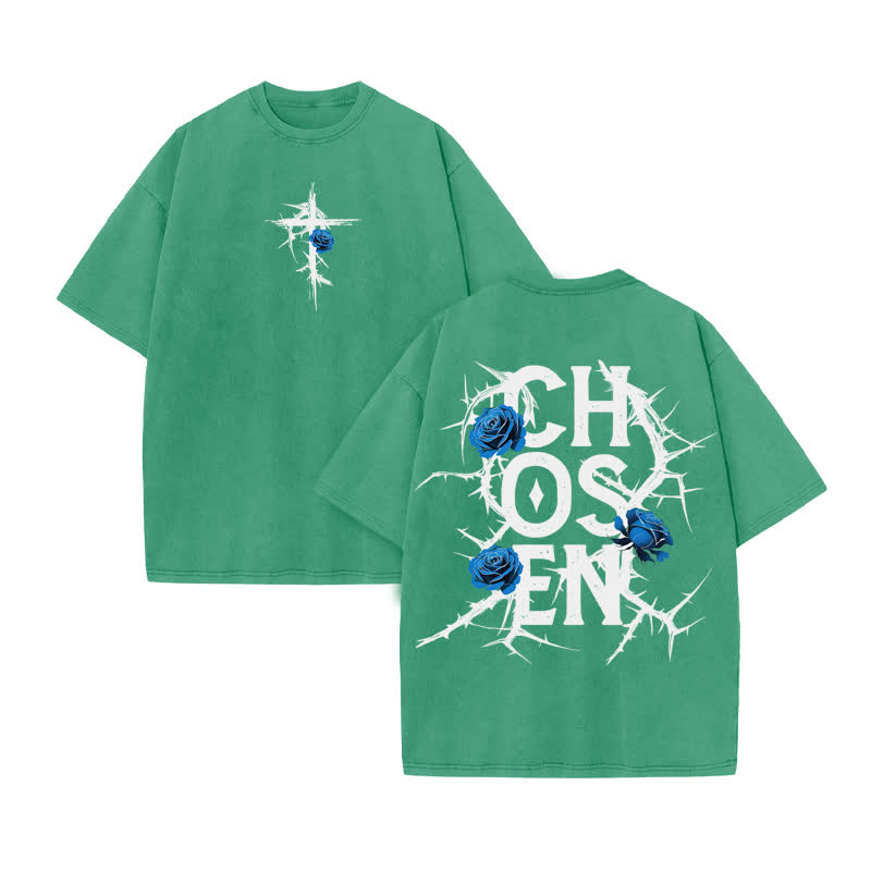 Unisex 100% Cotton JESUS CHOSEN Print Acid Washed T-shirt - Green - US20-22(3XL) - image 7
