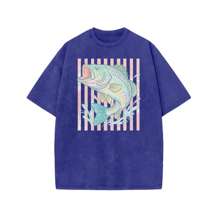 Vintage Bass Fish Graphic Print Acid Washed T-shirt - Blue - US20-22(3XL) - image 4