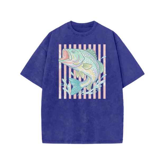 Vintage Bass Fish Graphic Print Acid Washed T-shirt - Blue - US20-22(3XL) - image 4