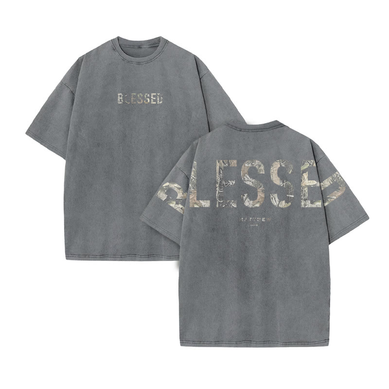 Blessed Matthew 5:3-12 Dead Leaves Camouflage Print Acid Washed T-shirt - Grey - US20-22(3XL) - image 5