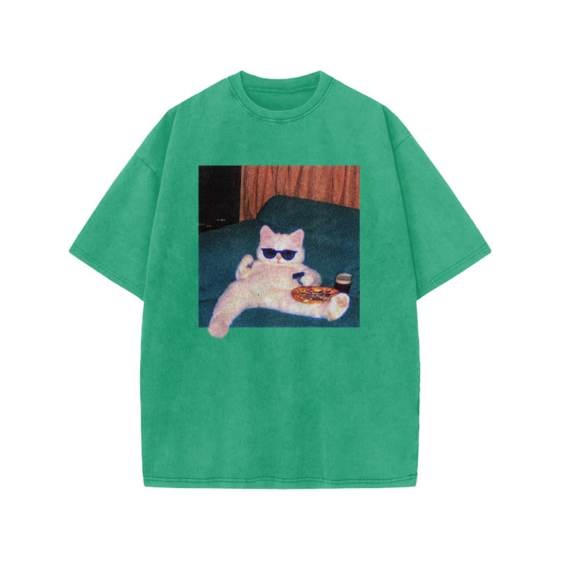 Unisex 100% Cotton Cool Cat Print Acid Washed T-shirt - Green - US20-22(3XL) - image 6