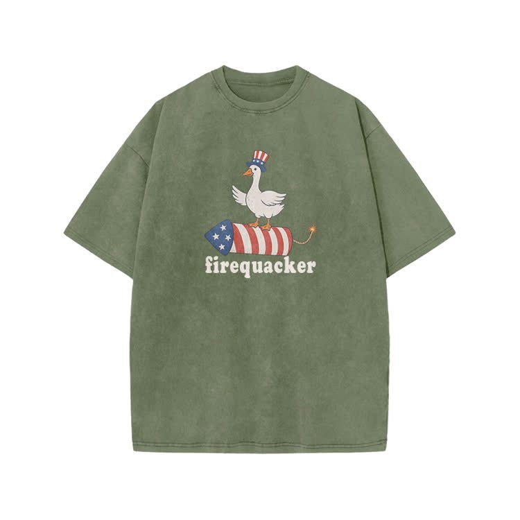 Firequacker Patriotic Duck Rocket Graphic Print Acid Washed T-shirt - Army Green - US20-22(3XL) - image 3