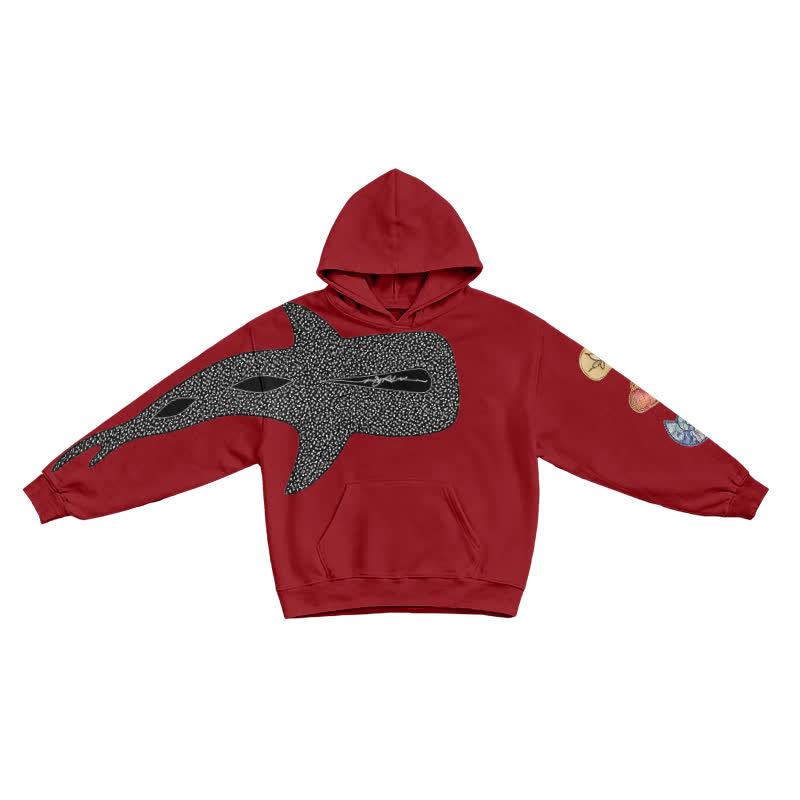 Urban Streetwear Asymmetric Fish Motif Long Sleeve Graphic Print Hoodie - Red - US16-18(2XL) - image 5