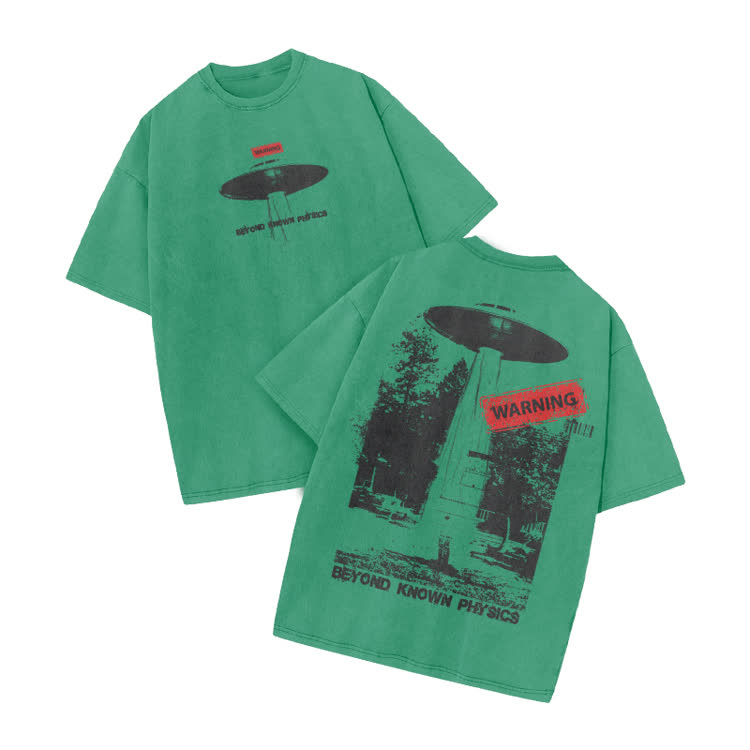 Sci Fi Street Warning Graphic Print Acid Washed T-Shirt - Green - US20-22(3XL) - image 5