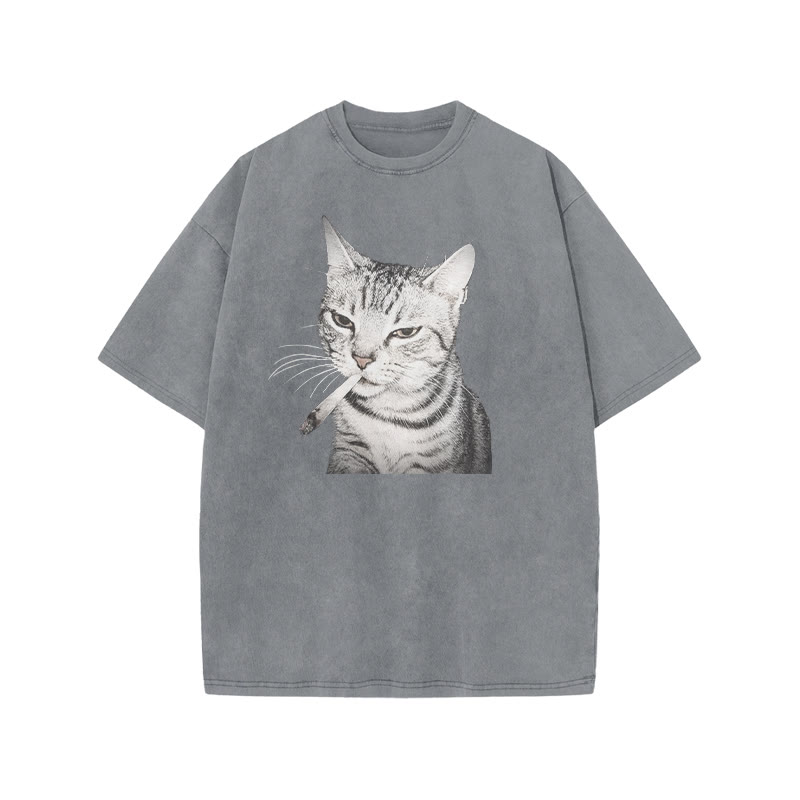Tabby Cat With A Cigarette In Its Mouth Print Acid Washed T-shirt - Grey - US20-22(3XL) - image 3