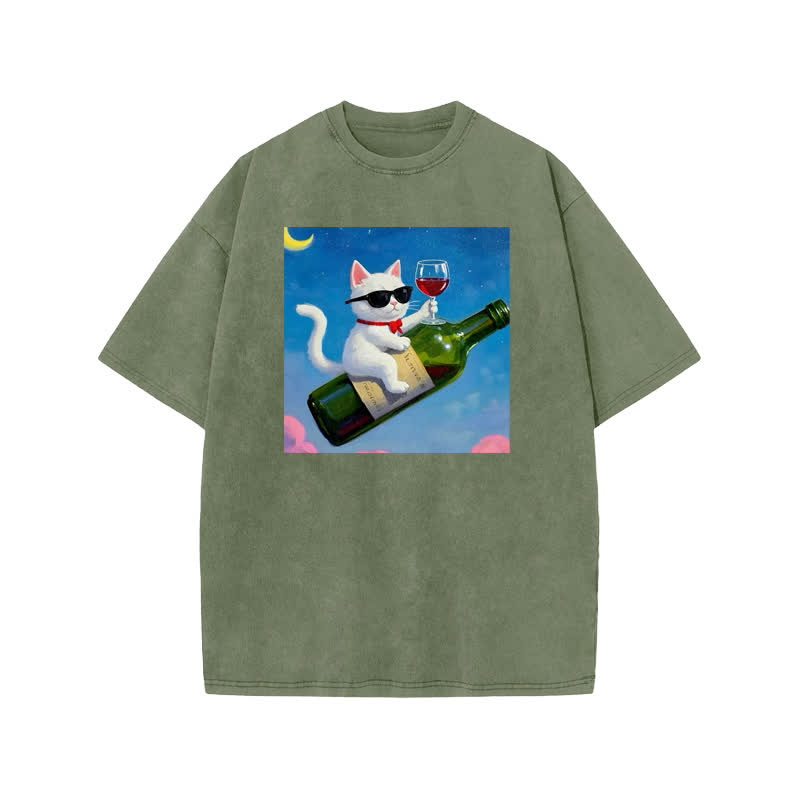 Unisex 100% Cotton Noble And Elegant Cat Print Acid Washed T-shirt - Army Green - US20-22(3XL) - image 5