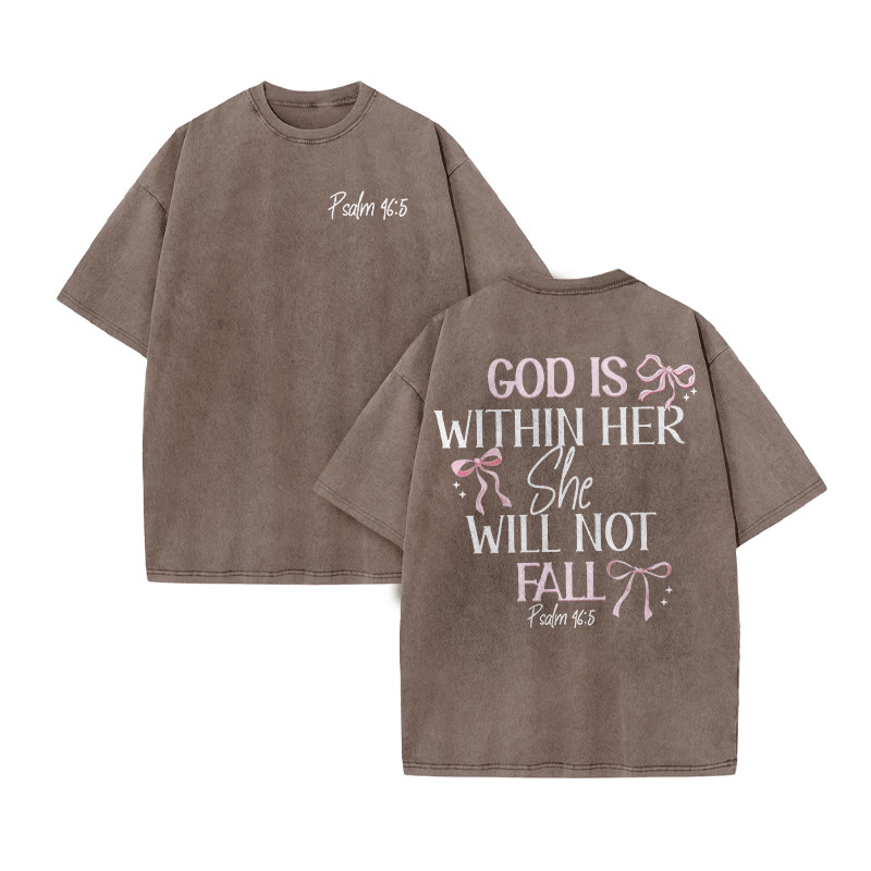 Unisex 100% Cotton Godd Is Within Her She Will Not Fall Print Acid Washed T-shirt - Coffee - US20-22(3XL) - image 9