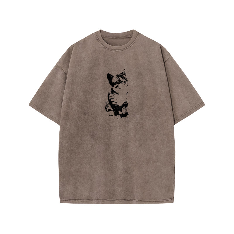 Unisex 100% Cotton Cute Cat Print Acid Washed T-shirt - Coffee - US20-22(3XL) - image 3