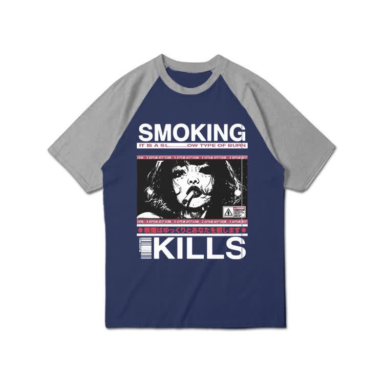Smoking Kills Retro Manga Style Graphic Print Raglan Sleeve T-shirt - Grey - 3XL - image 6
