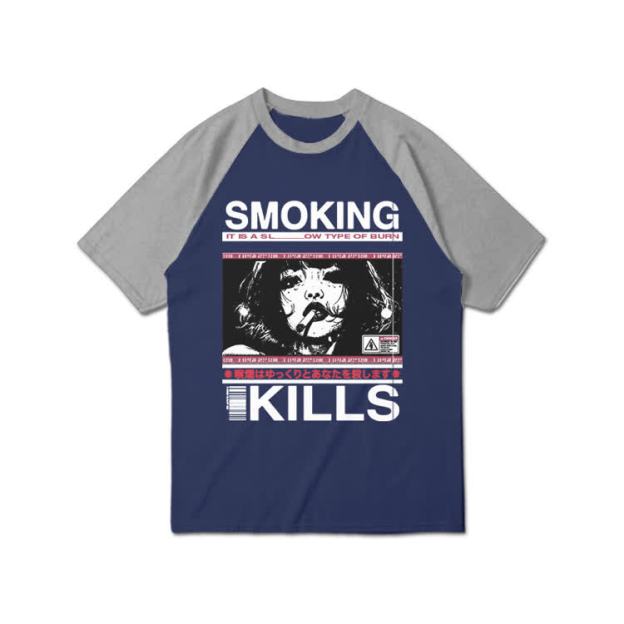 Smoking Kills Retro Manga Style Graphic Print Raglan Sleeve T-shirt - Grey - 3XL - image 6
