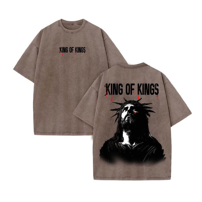 Unisex 100% Cotton JESUS IS KING Gtears Of God Print Acid Washed T-shirt - Coffee - US20-22(3XL) - image 4
