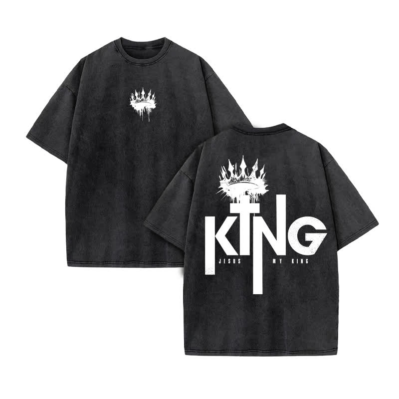 Unisex 100% Cotton JESUS IS MY KING Print Acid Washed T-shirt - Black - US20-22(3XL) - image 3