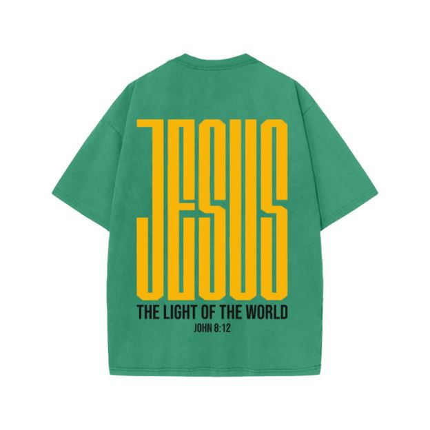 Unisex Jesus The Light Of The World Print Acid Washed T-shirt - Green - US20-22(3XL) - image 6