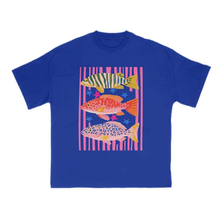 Playful Tropical Fish Graphic Crew Neck T Shirt - Blue - US16-18(2XL) - image 12