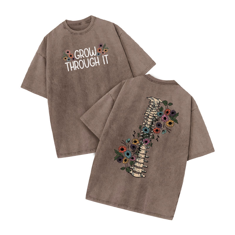 Grow Through It Daisy Print Acid Washed T-shirt - Coffee - US20-22(3XL) - image 6