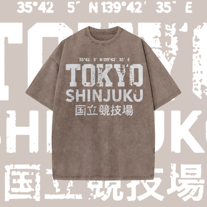 Unisex 100% Cotton Tokyo Shinjuku Print Acid Washed T-shirt