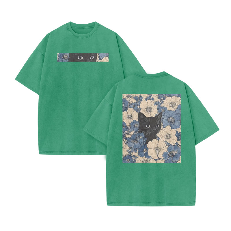 Black Cat In A Patchwork Flower Field Print Acid Washed T-shirt - Green - US20-22(3XL) - image 9