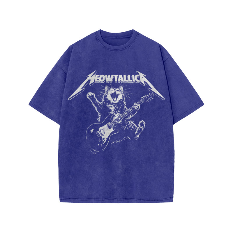 Unisex 100% Cotton Bassist Cat Print Acid Washed T-shirt - Blue - US20-22(3XL) - image 8