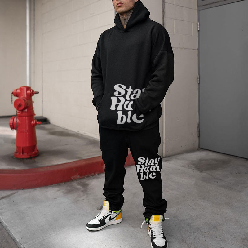 Hip-hop Style Stay Humble Print Hoodie Two-piece Set