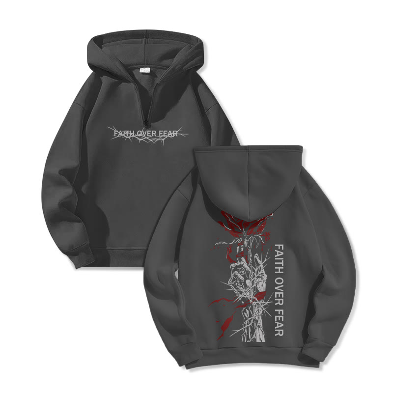 Unisex Faith Over Fear Print Half Zip Hoodie - Dark Grey - US32-34(5XL) - image 4