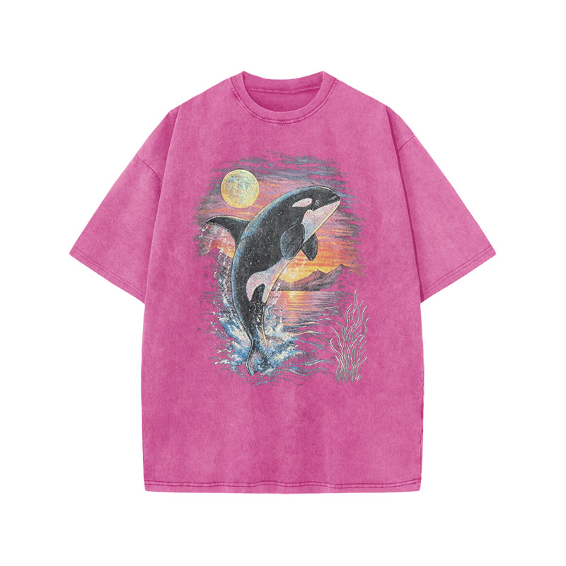 Orca Leaping Out Of The Water Print Acid Washed T-shirt - Pink - US20-22(3XL) - image 9