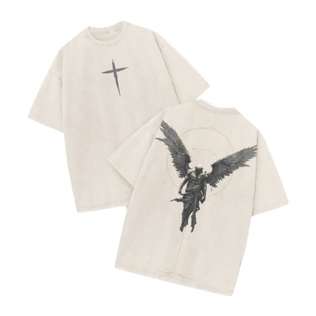 Vintage Angel Halo Graphic Print Acid Washed T-shirt - Beige - US20-22(3XL) - image 3