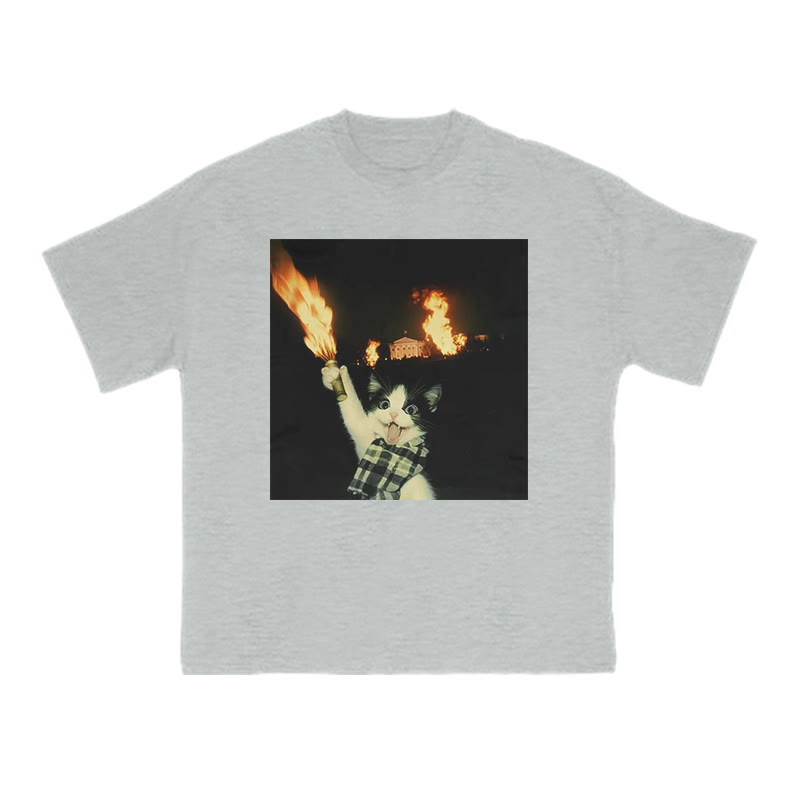 Unisex 100% Cotton Mischievous Cat Print T-shirt - Grey - US16-18(2XL) - image 3