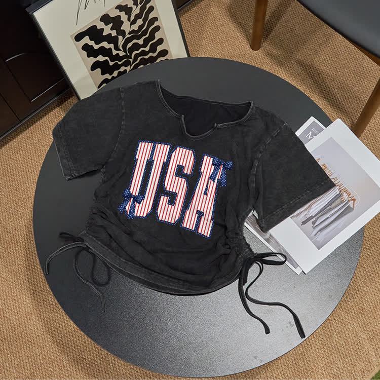 USA Print Acid Washed Drawstring T-Shirt - Striped Bow - US16-18(2XL) - image 8