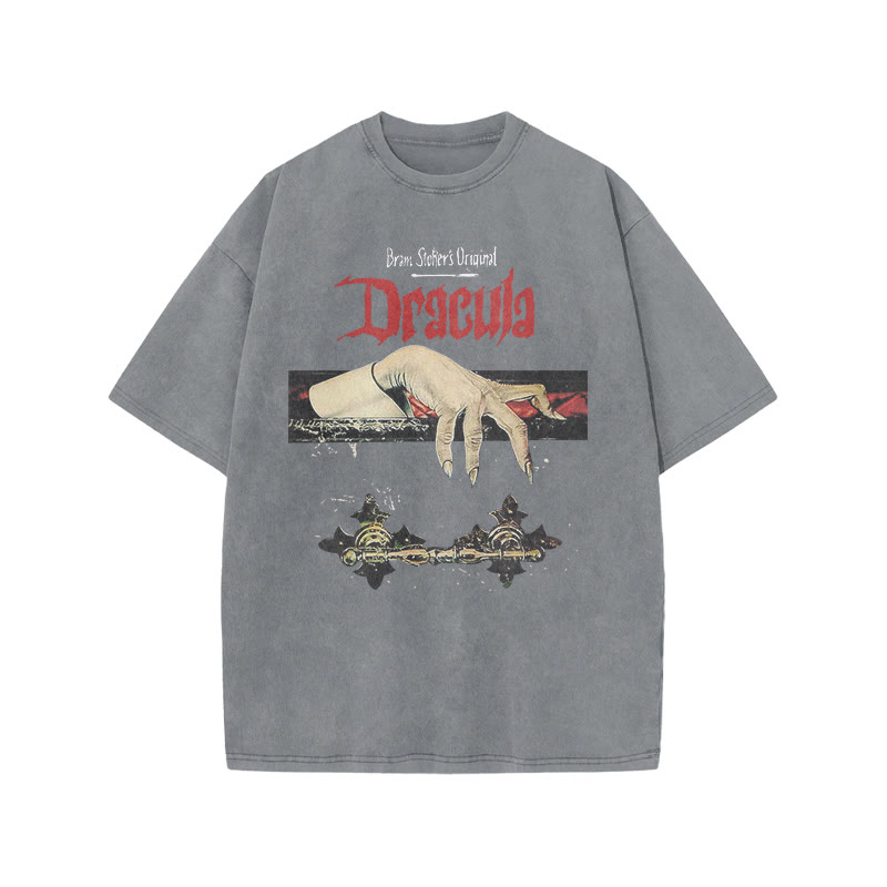 Unisex 100% Cotton Dracula Hand Print Acid Washed T-shirt - Grey - US20-22(3XL) - image 3