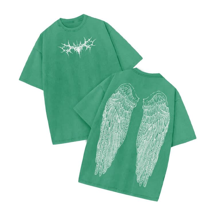 Vintage Angel Wings Graphic Print Acid Washed T-shirt - Green - US20-22(3XL) - image 6