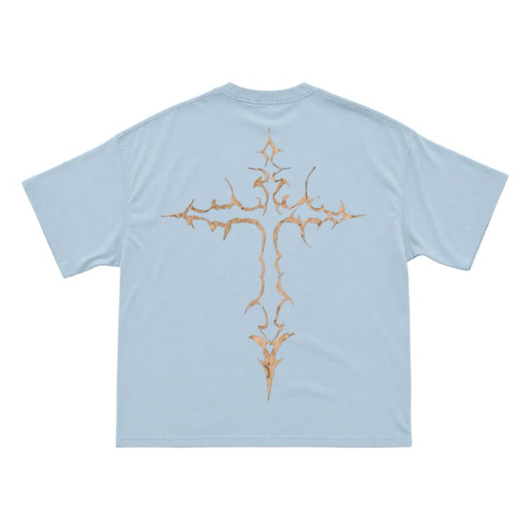 Gothic Thorn Cross Back Graphic T-Shirt - Light Blue - US16-18(2XL) - image 8