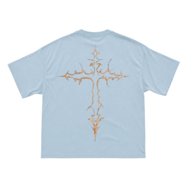 Gothic Thorn Cross Back Graphic T-Shirt - Light Blue - US16-18(2XL) - image 8