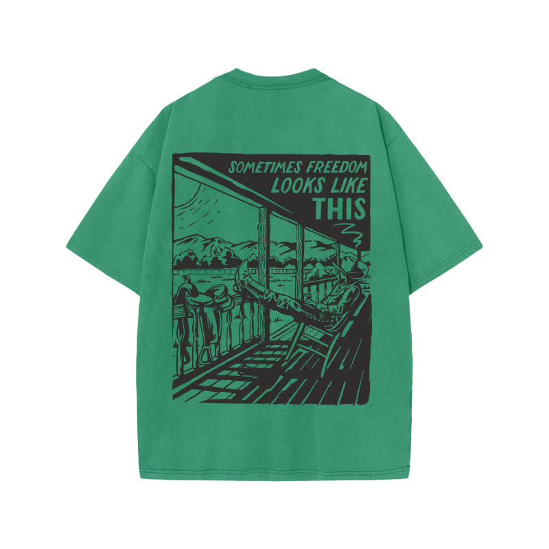 Unisex Western Leisure Time Print Acid Washed T-shirt - Green - US20-22(3XL) - image 6