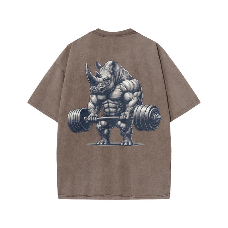 100% Cotton Lifting Strong Rhinoceros Gym Print Acid Washed T-shirt - Coffee - US20-22(3XL) - image 5
