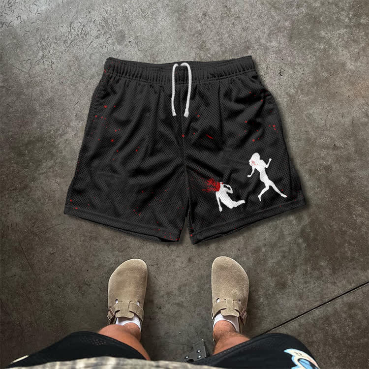 “Run Away”Girl Graphic Print Mesh Shorts - Black - 5XL - image 4